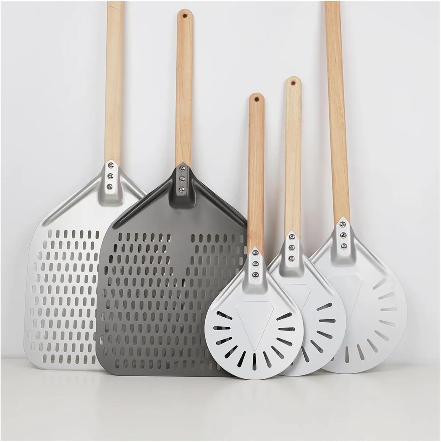 Perforated Pizza Peel With Turning Wood Handle Shovel Anodized Short Spatulas Baking Tools(7 and 14 inch)