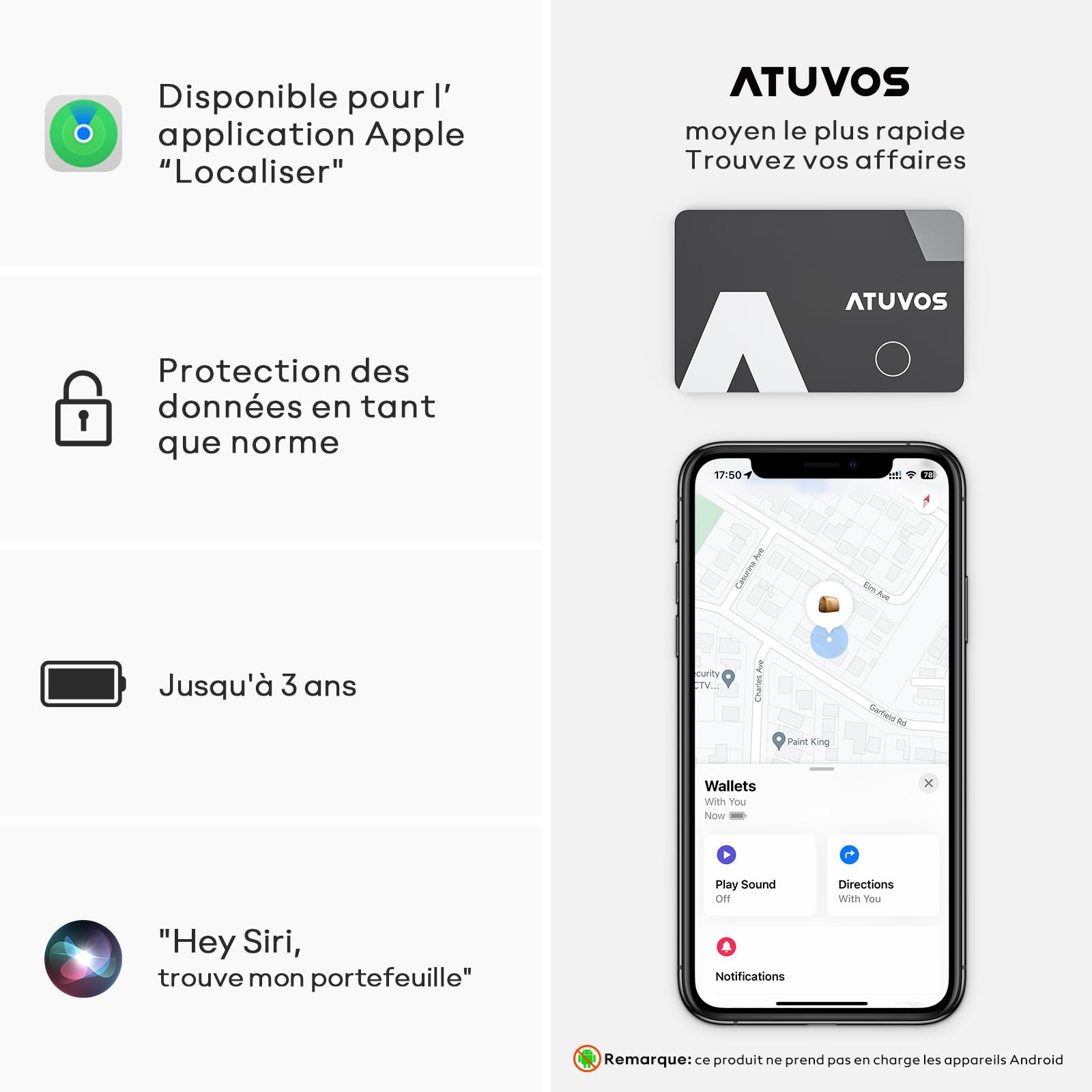 ATUVOS Air Tag Traceur, Wallet Tracker Card Fin 1,6 mm, Bluetooth Localisateur d'article Fonctionne avec Apple l’app Localiser (Uniquement iOS), pour Valises/Portefeuilles/Clés/Sacs/Bagages, Lot de 2