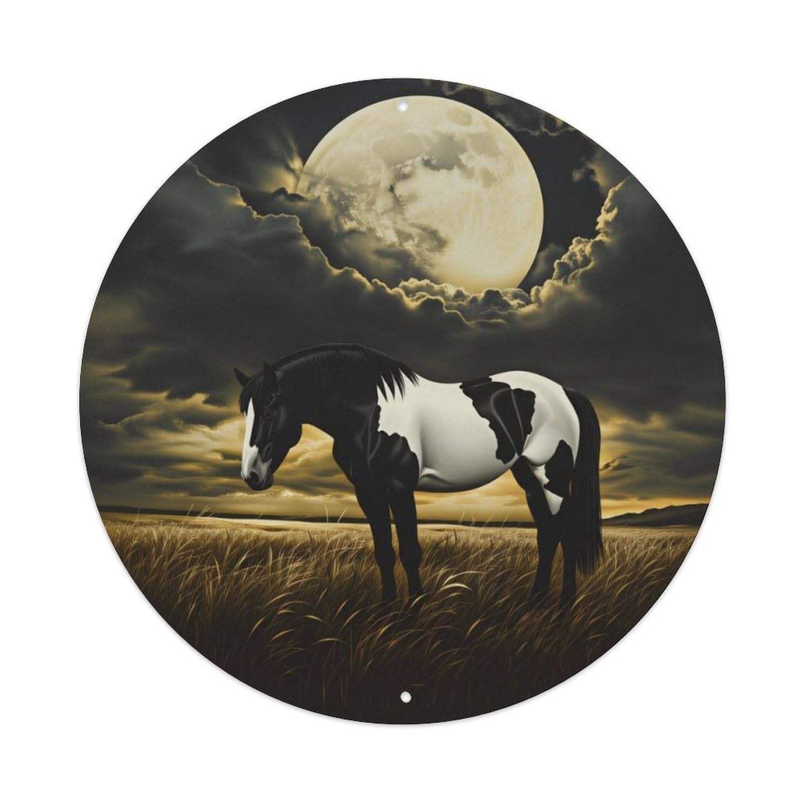 Ldfuieksufg Style Pinto Horse Under Full Moon Round Decor Sign Vintage Aluminium Metal Sign, Retro Wall Decor For Home, Bar, Garage & Farmhouse 20X20cm