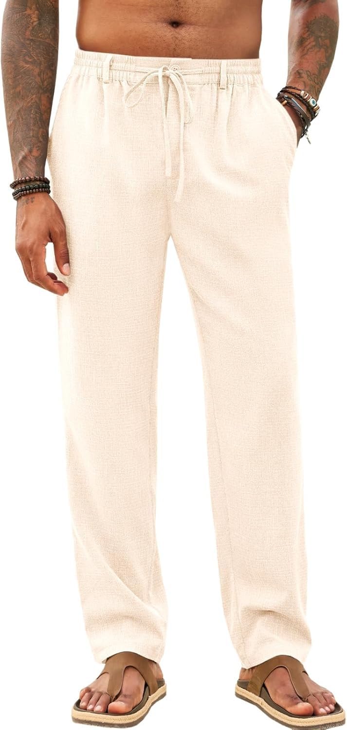 Runcati Herren Hose Lang Bügelleicht Freizeithose Männer Leicht Sommerhose Strand Yogahose mit Taschen Elastischer Bund