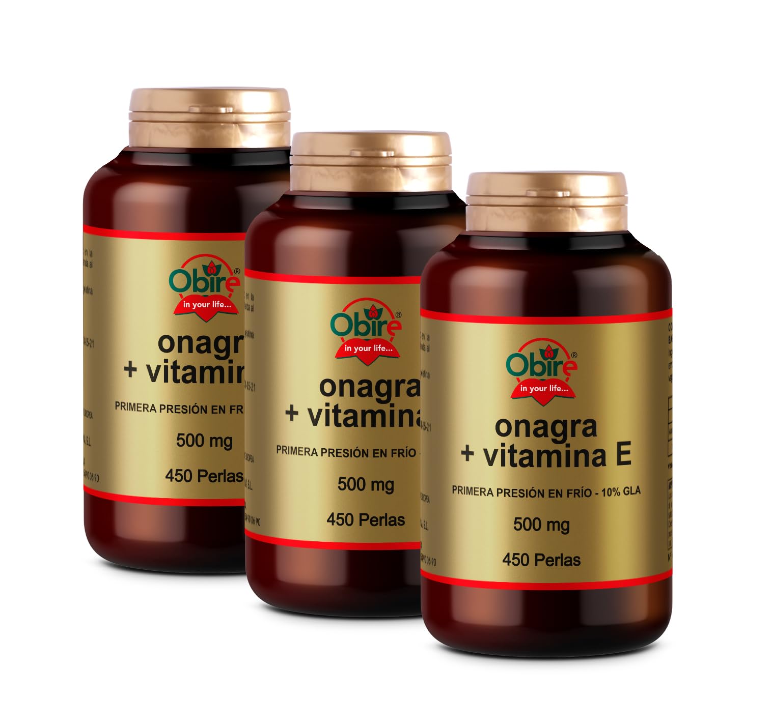 Obire Aceite de Onagra 500 mg con 10% en GLA (Ácido Gamma-linolénico) + 3,35 mg de Vitamina E - 450 perlas, 3 Unidades