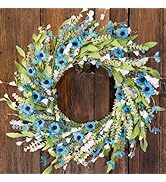 Montekin 22" Blue Daisy and Lavender Spring Summer Wreath with Green Leaves, Wildflower Artificia...