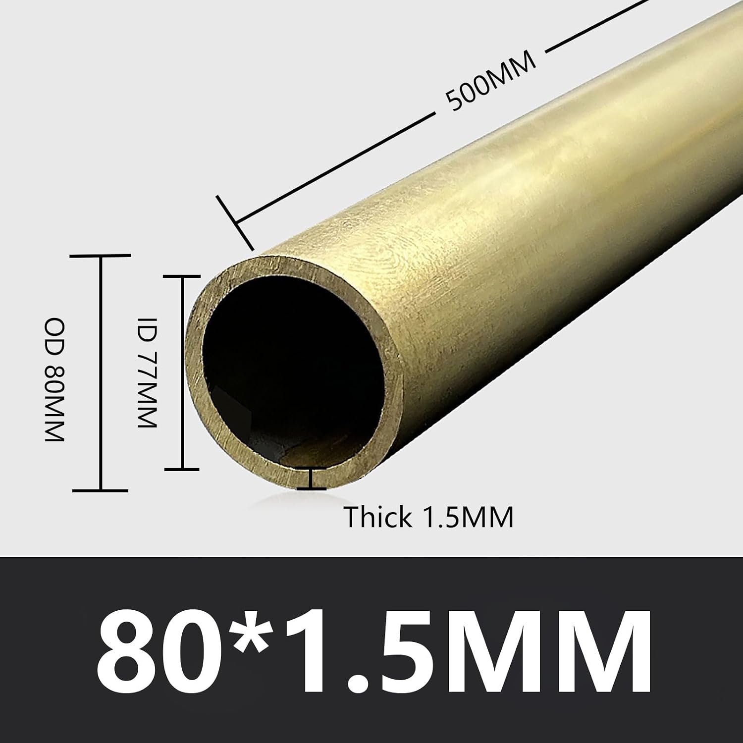 Brass Pipe 80mm OD Round Tube 500mm Length for Industrial DIY