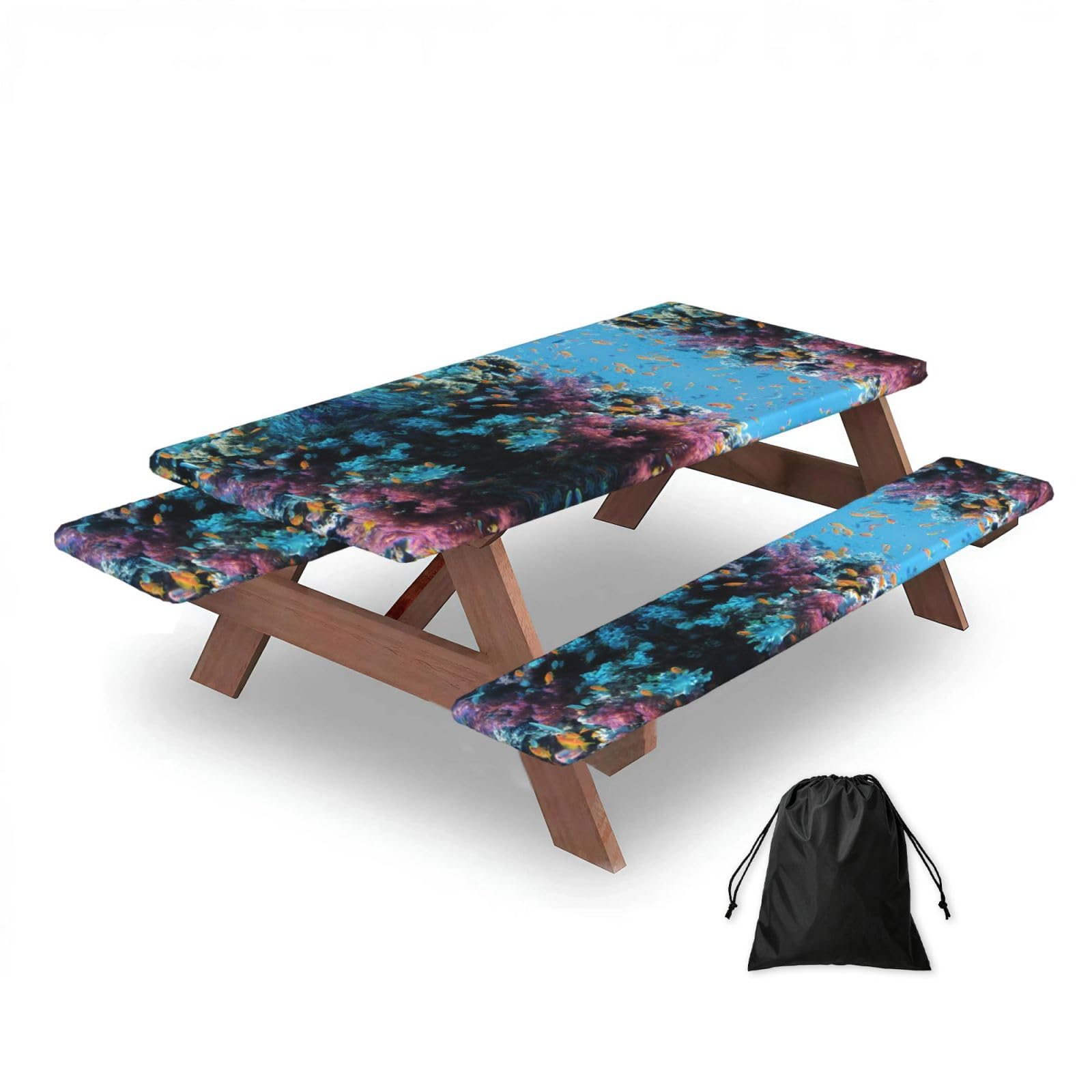 ESNAIUVCD Undersea World Print Picnic Table Cover With Bench Covers,Camping Essentials,Fitted Tablecloth Cover With Elastic Edge, For Indoor & Outdoor 3 Pcs