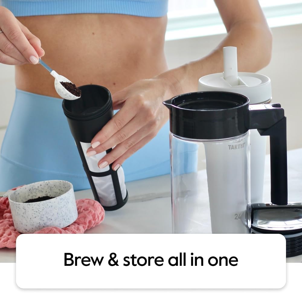 Takeya Patented Deluxe Cold Brew Coffee Maker with Black Lid Airtight Pitcher, 1 Quart, Black