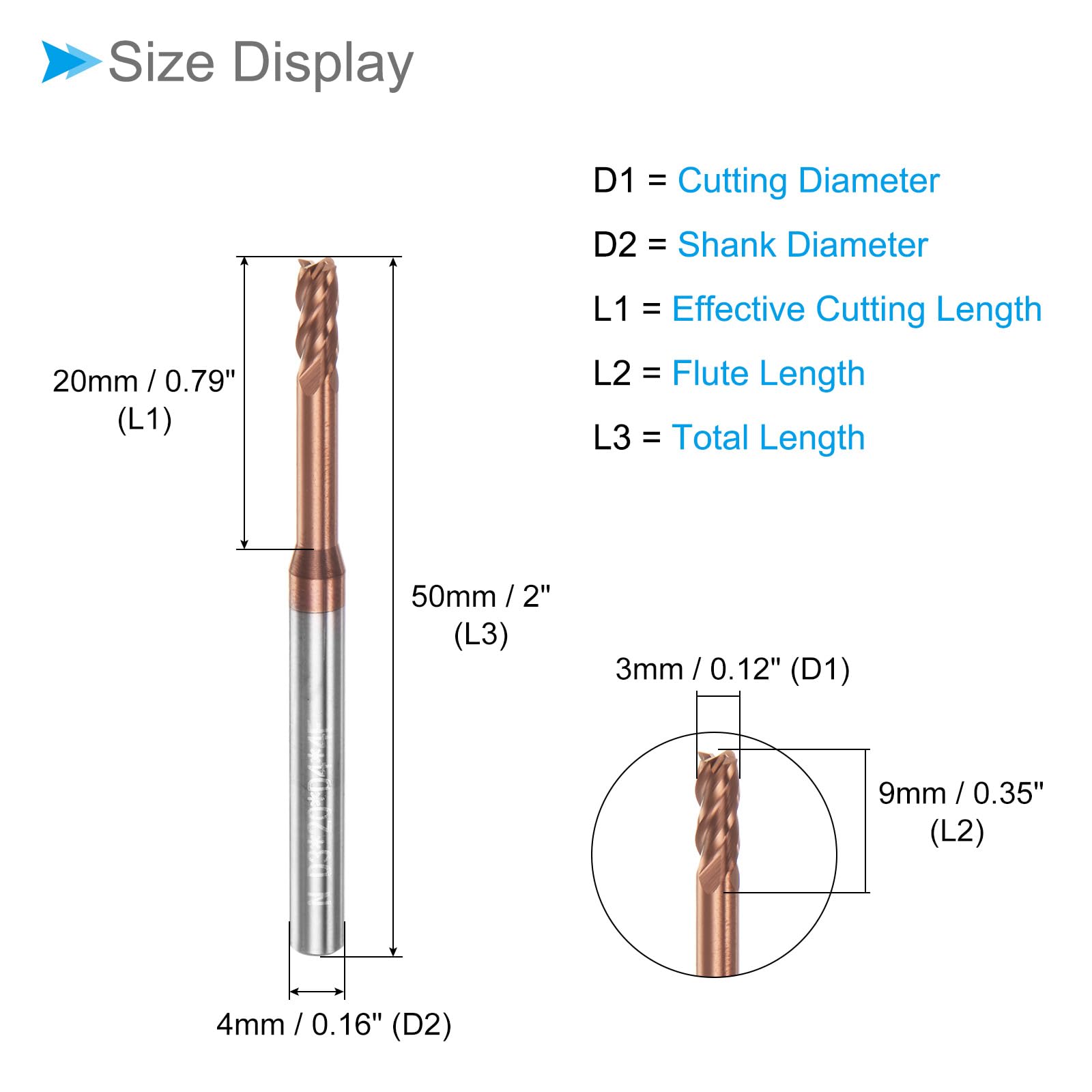 Fraise à Bout Carré, Coupe de 3mm x 20mm, Longue Portée, Revêtement en Carbure de Titane (à l'Échelle Nanométrique), 4 Flûtes pour Fraiseuse CNC, 2 Pièces