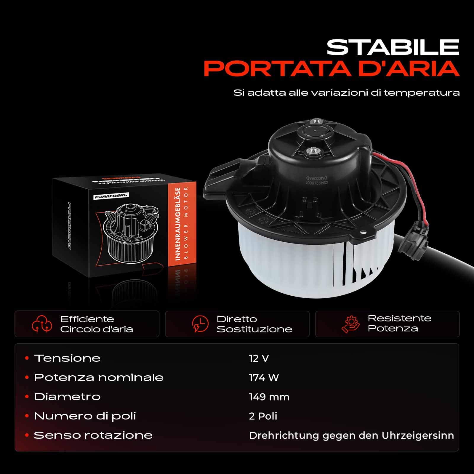 Frankberg Motore del ventilatore Ventilatore del riscaldamento Compatibile con Ducato Bus 230 Jumper Bus 230P Jumper Furgone 230L Boxer Furgone 230L Boxer Bus 230P Replace# 6441E4