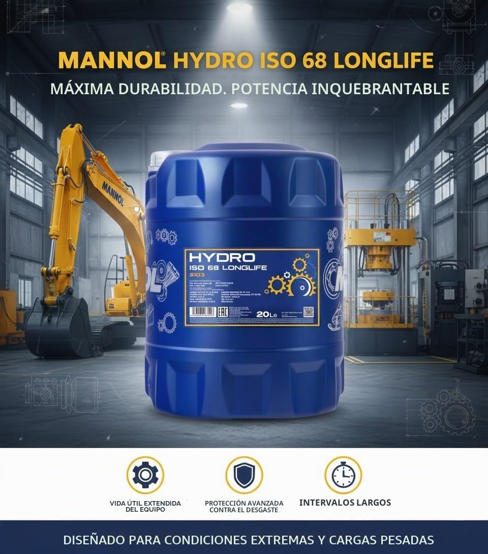MANNOL | Aceite Hidráulico Mineral HYDRO ISO 68 | 2103-20L | Alta Resistencia a Cargas, Presión y Temperatura | Compatible con Equipos Industriales y Móviles | Certificado DIN 51524-2 e ISO 11158
