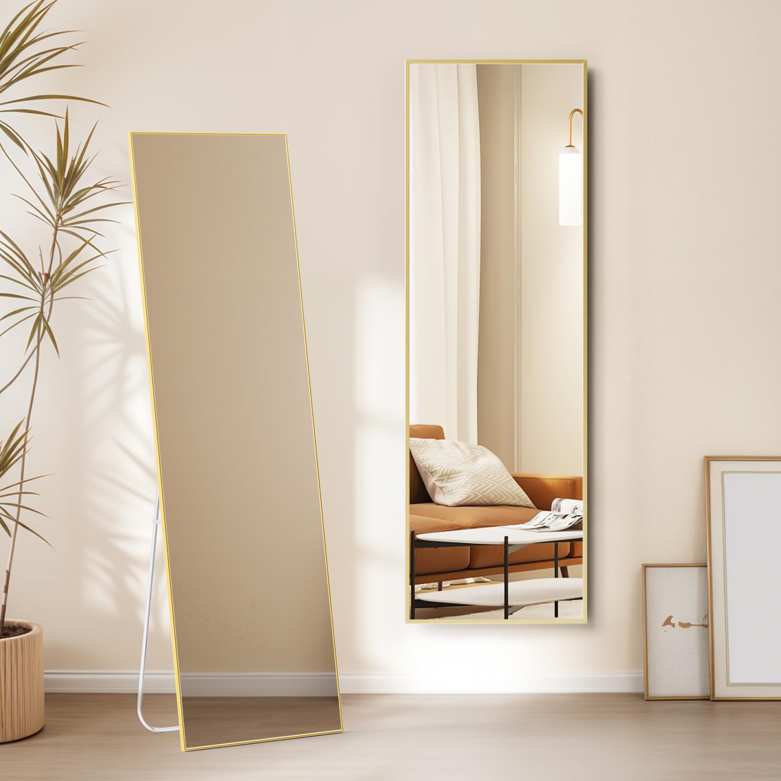 Warmiehomy 165X50cm Large Full Length Standing Mirror, Rectangular Full Body Floor Mirror with Stand, Hanging or Leaning Against Wall for Bedroom, Gold