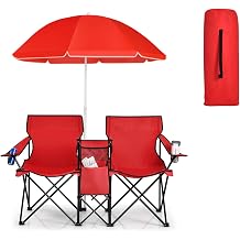 Double Camping Chair, 2-Person Portable Beach Chair w/Removable Umbrella, Cup Holders & Carrying Bag, Folding Loveseat Chairs for Adults Outdoor Picnic Red