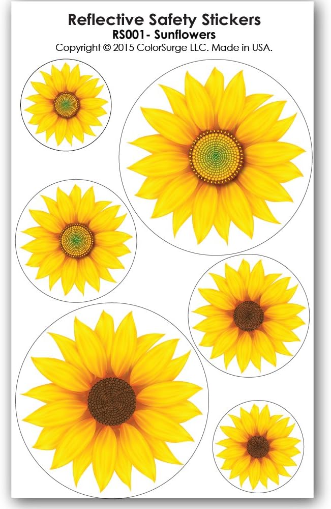 Sunflower Reflective Decals - for Helmets, Bikes, Wheelchairs, Car Bumpers & Windows - Weatherproof & UV Resistant - Indoor & Outdoor Use - Small, Medium, & Large (6 Decals)