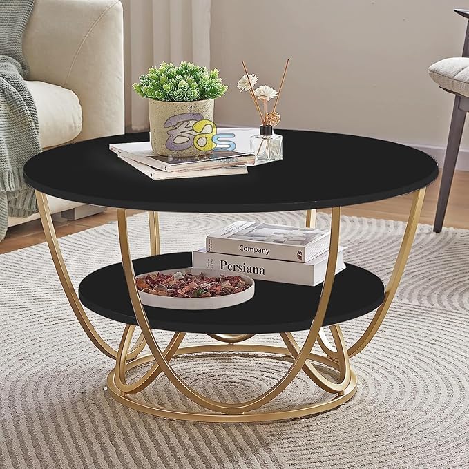 Image of Brown Art SHOPPEE Faux Marble Top Round 2 Tier Metal Coffee Tables Simple Living Room Table Sets, Sofa Center Table End Tables with Metal Frame Home Decor for Living Room (Gold & Black)
