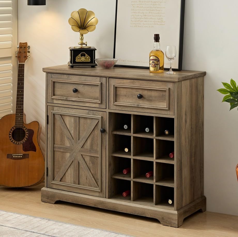 Farmhouse Buffet Cabinet with 2 Drawers, 35" H Wine Bar Cabinet with Removable Wine Racks and Storage Shelves, Liquor Coffee Bar Cupboard, Rack for Living Room, Kitchen (Gray & Two Drawers)