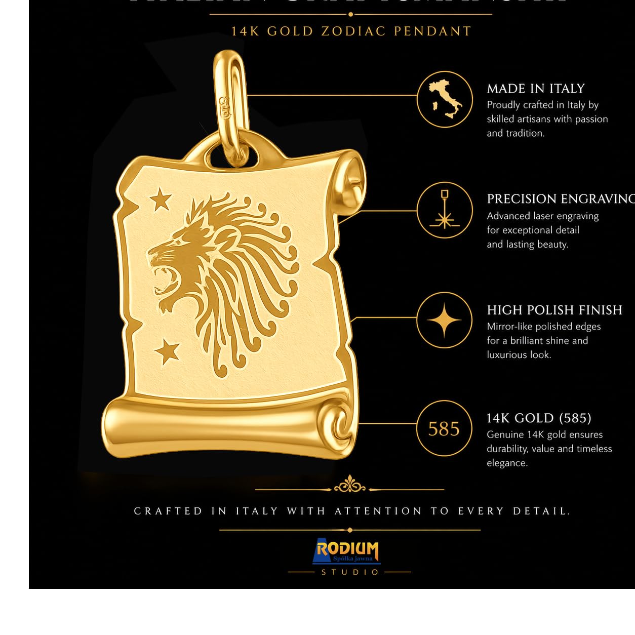 Rodium - Ciondolo in oro con segno zodiacale, oro 14 carati/585, charm per collana o collana, ideale come regalo per gioielli in oro