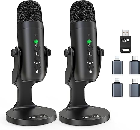 ZealSound Wireless Microphone Bundle,Dual USB Mic for iPhone PC iPad Android Phone-Cordless Condenser Desktop Microphones with Mute Echo Monitor Volume Gain 2.4GHz for Podcast,ASMR,Games,YouTube Video