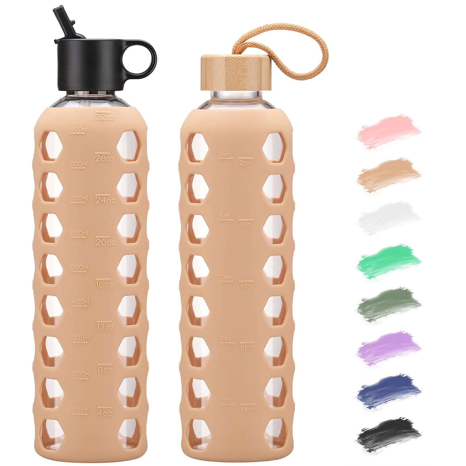 BLUEGO Borracce in vetro, 900ml Bicchiere in vetro, Bottiglie per bere con 2 coperchi, Bottiglia per l'acqua sportiva con custodia in silicone, A prova di perdite, Ambra