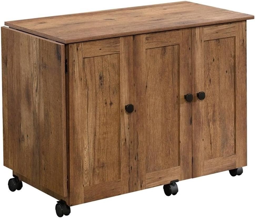 BOWERY HILL Contemporary Engineered Wood Sewing Craft Table with 2 Doors, 2 Storage Bins, Hidden Shelf, 2 Adjustable Shelves, Easy-Roll Casters, in Vintage Oak Finish