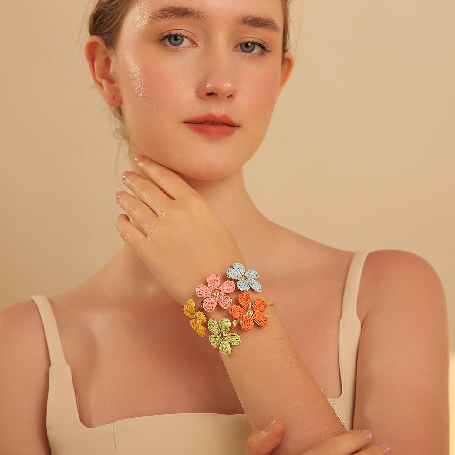 Handmade Raffia Flower Cuff Bracelet for Women - Colorful Adjustable Wide Open Bangle, Statement Tropical Floral Jewelry for Beach - Image 2