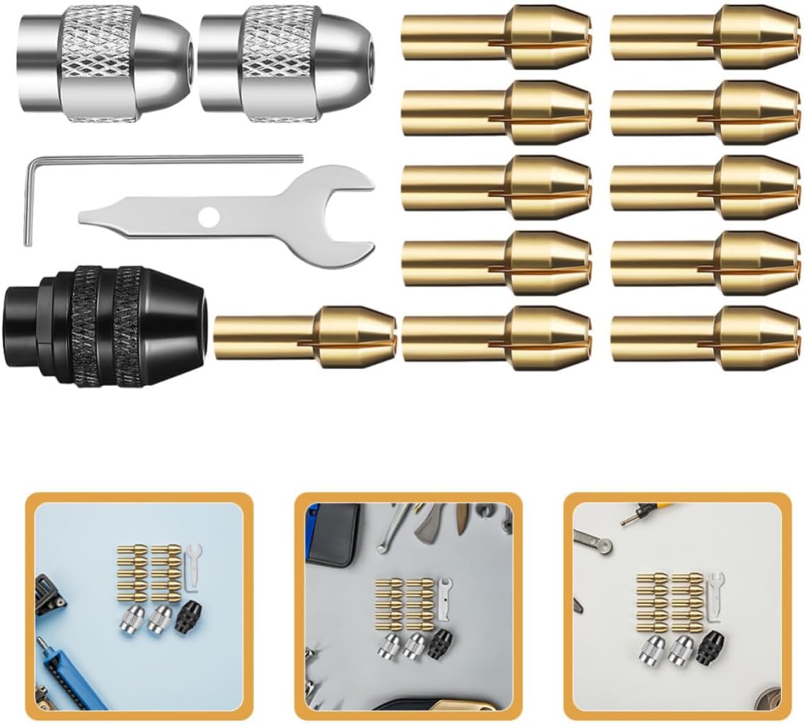 Precision Copper Collet Chuck for Rotary Tools with Locking Nut, Sturdy Clamping Adapter Compatible with Multiple Rotary Tools for DIY Crafting and Metal Polishing