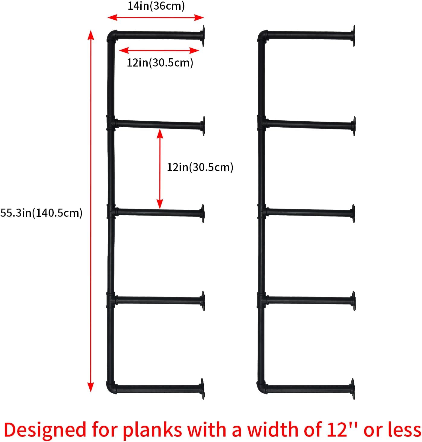 Industrial Pipe Shelving Wall Mounted,Black Pipe Shelves Iron Pipe Shelf Bracket,Wall Shelves(2Pcs X 5Tier,55" Tall,14" Deep,Hardware Only)