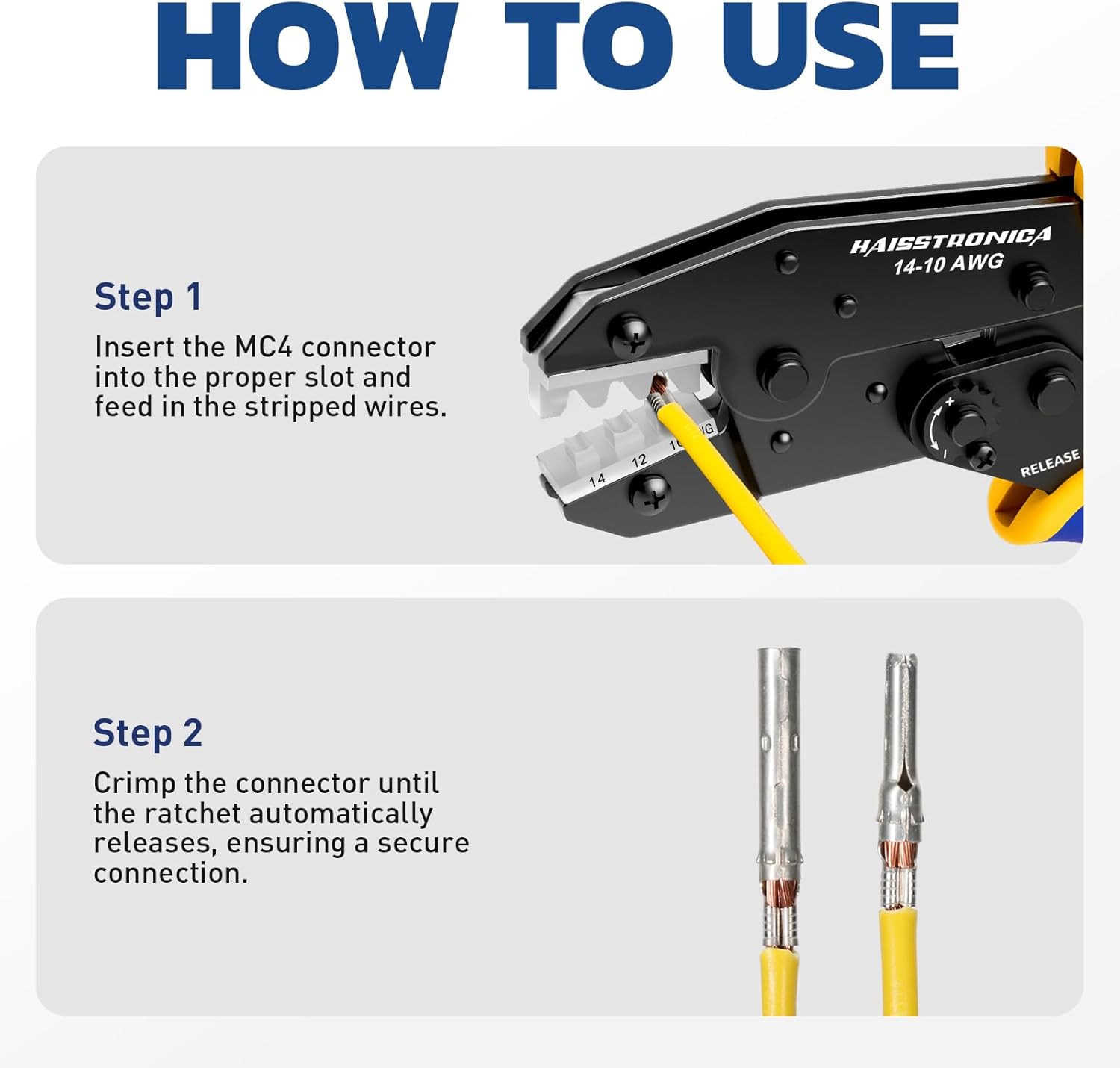 haisstronica Crimping Tool for Solar Connectors - AWG 14 12 10 Ratchet Wire Crimper Tool