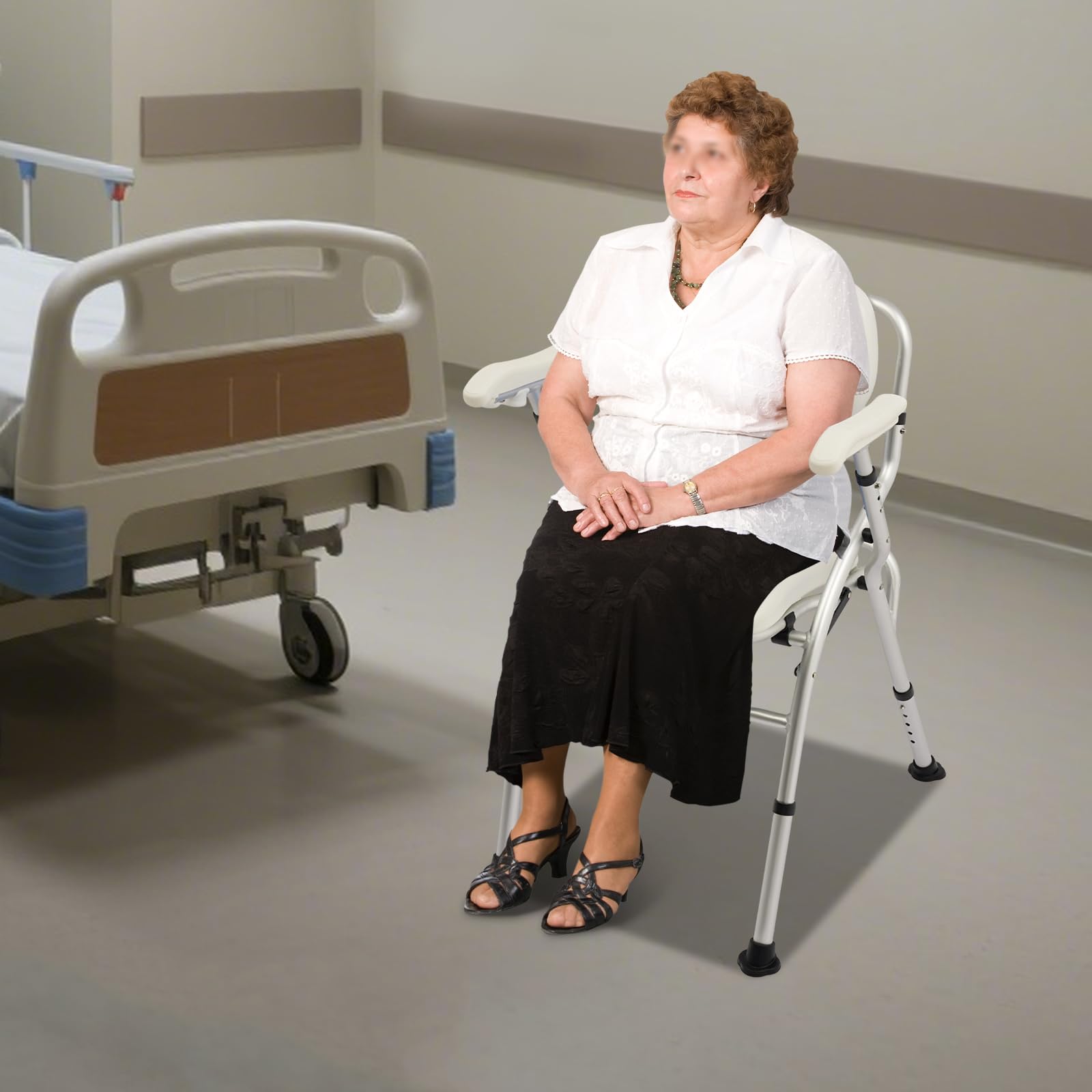 Toilettenstuhl für Senioren, klappbarer Toilettenstuhl für ältere und behinderte, Höhenverstellbarer Duschstuhl für Senioren, einfaches Abnehmen des Töpfchens,Tragfähigkeit 150kg (Blau, M)