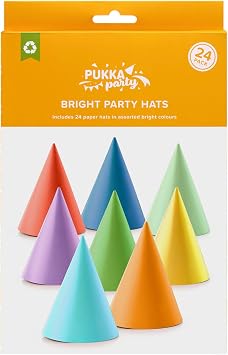 Bright Party Hats - 24 Card Hats in 8 Fun Colors with Elastic Cord, Packed Flat For Birthdays, Showers, Holidays, and Other Celebrations and Occasions