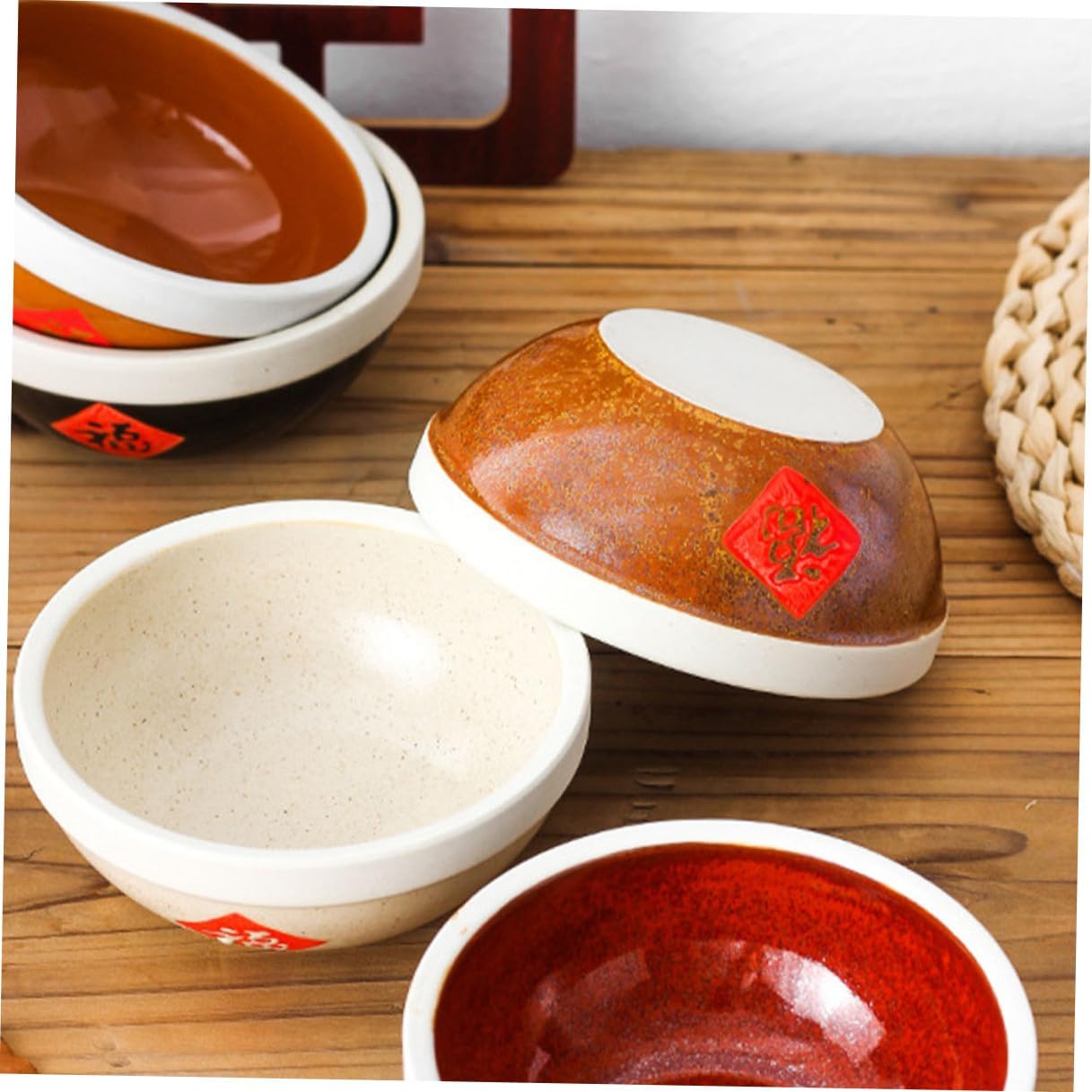 NUOBESTY 4pcs Vintage Fu Character Rice Bowls Set 4.5-inch Handmade Pottery Bowls for Chinese Style Dining, Rustic Black and Antique Copper, Suitable for Home, Restaurant, and Hotel Use