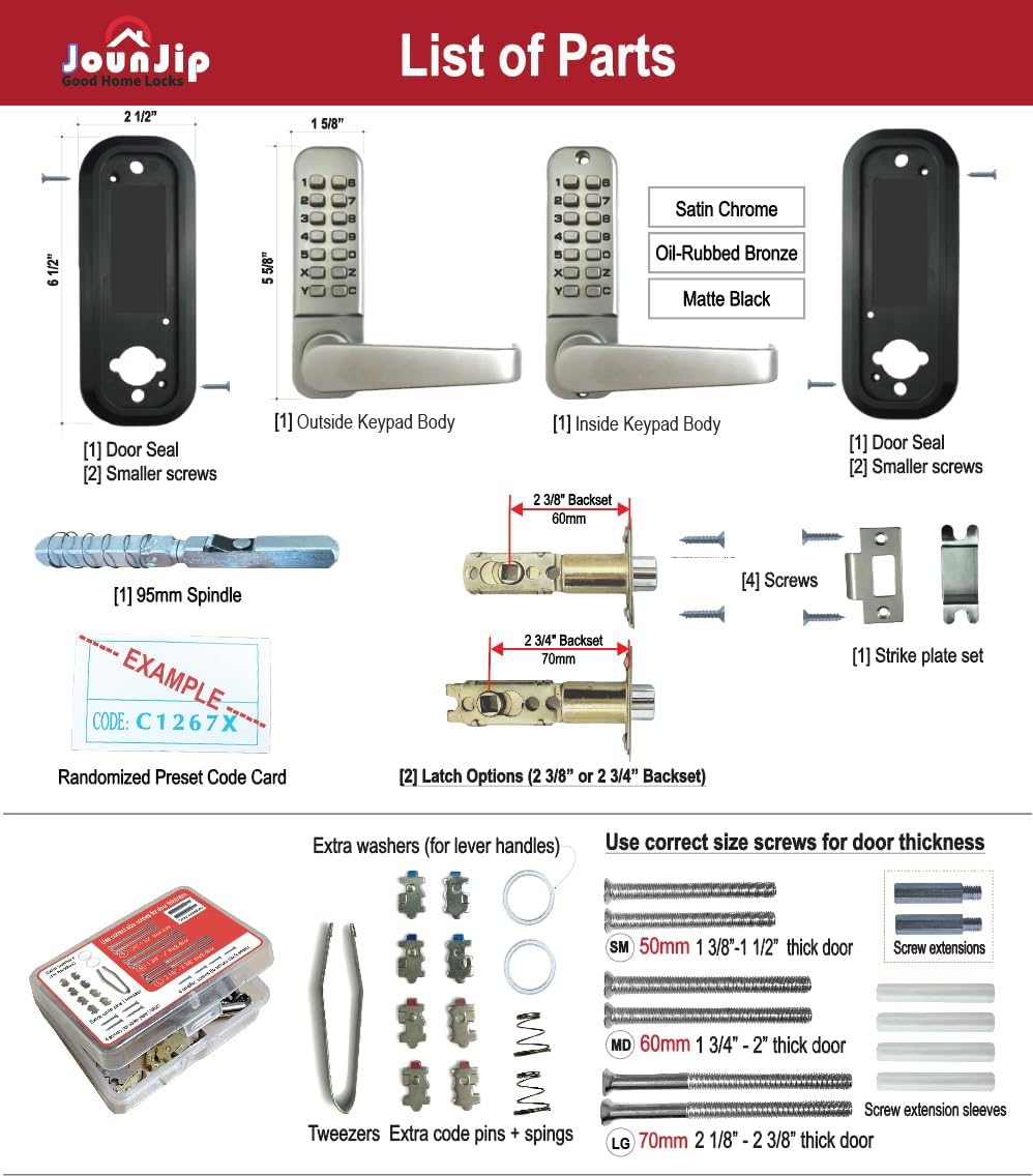Table detailing screw sizes and extension posts required for various door thicknesses: 1 3/8 to 1 1/2 inch, 1 3/4 to 2 inch, and 2 1/8 to 2 3/8 inch.