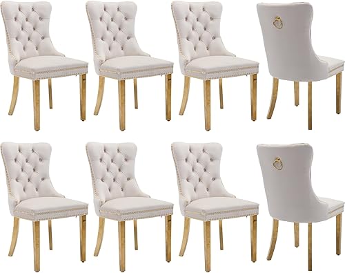 Miniatura 32 de Juego de 6 sillas de comedor de terciopelo, sillas tapizadas con respaldo alto capitoné con ribete de cabeza de clavo y anillo de tracción, patas de