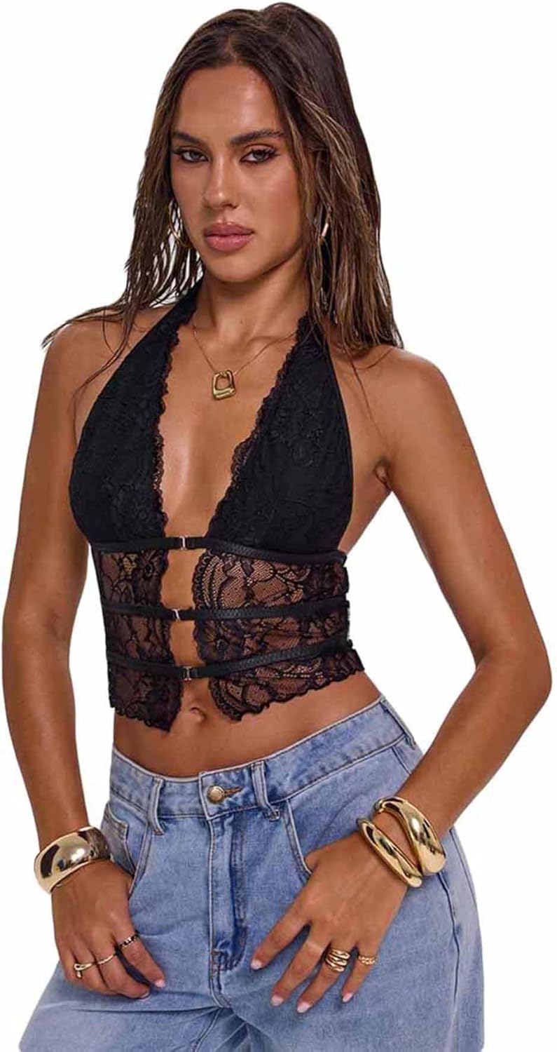 Women's Floral Lace V-Neck Split Cropped Cami Top