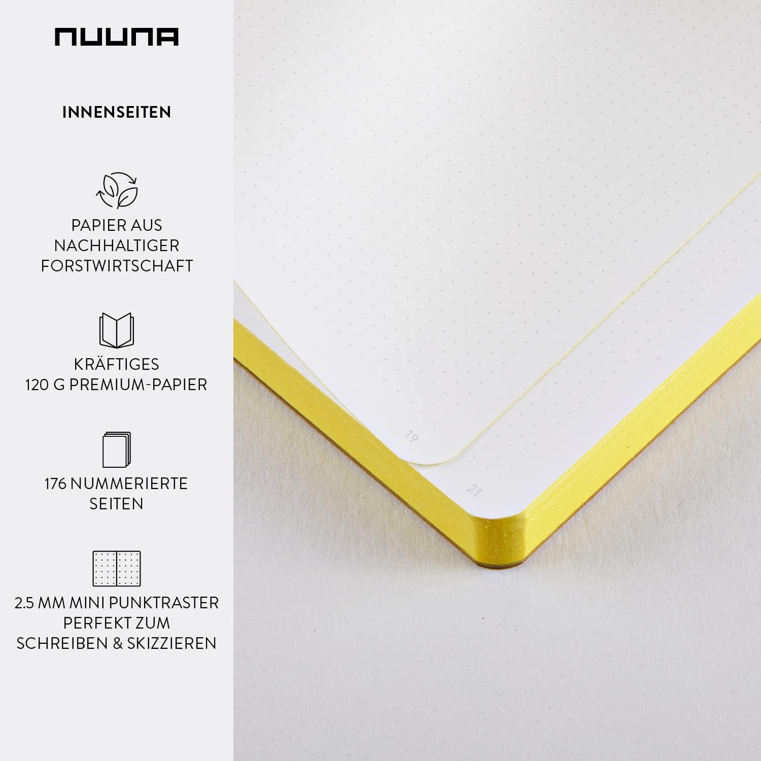 nuuna Notebook A6 | Graphic S - Oui Oui | Dotted Journal | 2.5 mm Dot Grid | 176 Numbered Pages | 120 g Premium Paper | Leather Yellow | Sustainably Produced in Germany, Black/Yellow (55058)