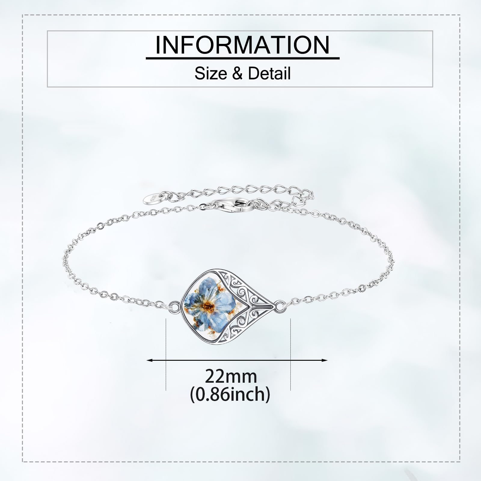 URONE Vergissmeinnicht Armband 925 Sterling Silber Vergissmeinnicht Presse Blume Armband für Frauen Viel Glück Filigran Schmuck für Damen