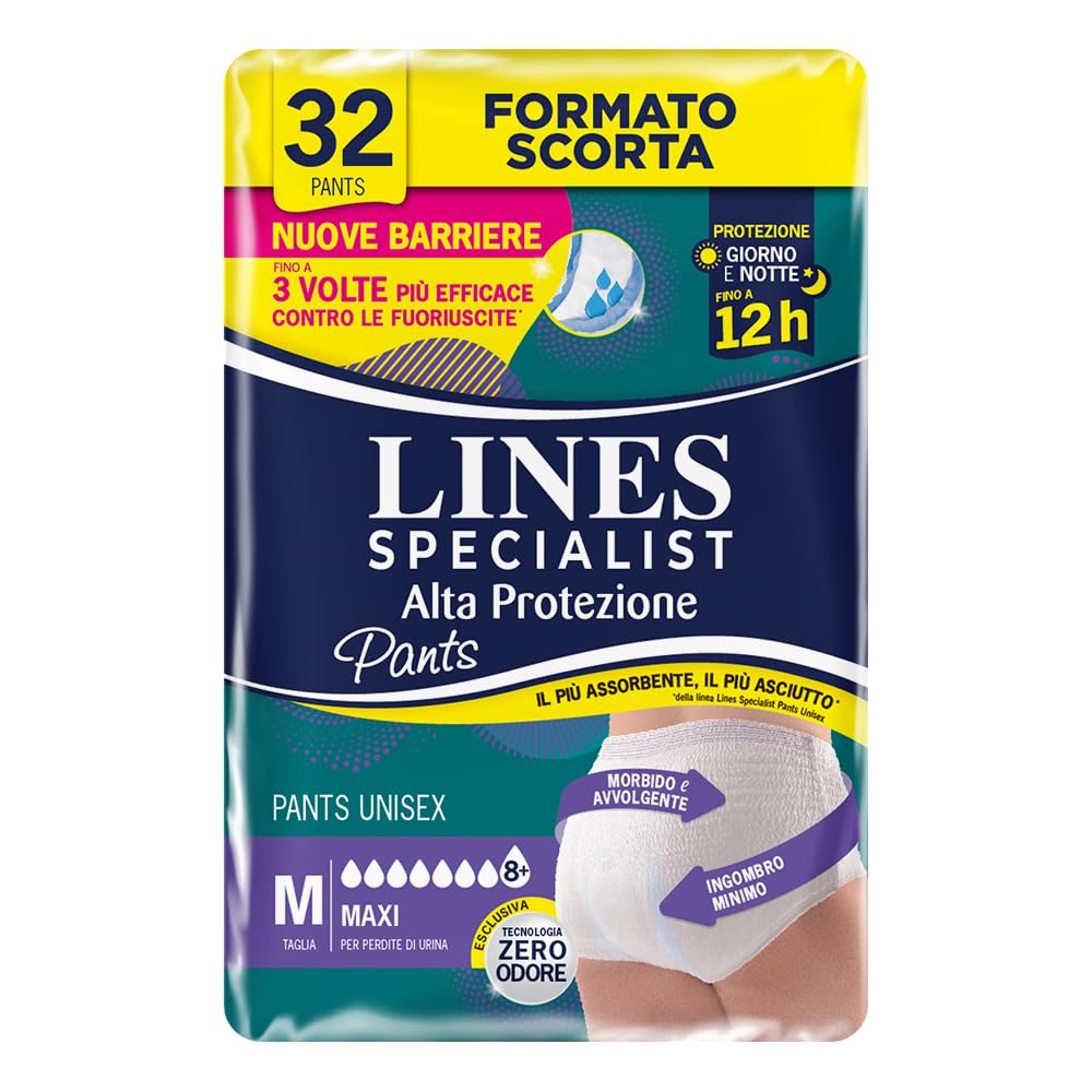 Lines Specialist Pants Maxi Unisex, Mutande Assorbenti per Incontinenza Donna e Uomo, Alta Protezione fino a 12h, Taglia M, Scorta Mensile, 4 Confezioni da 8 Unità