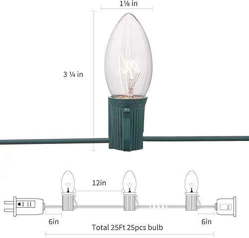 Miniatura 3 de Luces de Navidad C7, cadena de luces de Navidad para exteriores de 25 pies con 27 bombillas incandescentes transparentes de color blanco cálido, luz