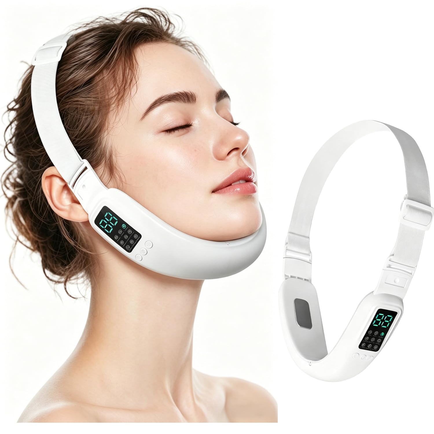 Dispositivo Rassodante Viso EMS Pieghevole a 180°, Massaggiatore Lifting con 8 Modalità e 15 Livelli di Intensità, Luci LED Multicolore Riscaldante per Eliminare Doppio Mentone, Auto-Spegnimento Dopo