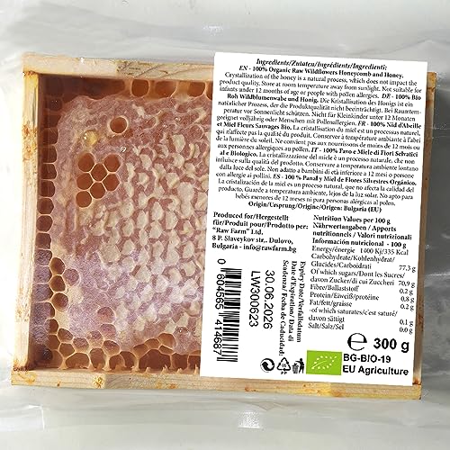 300g Bio Rohe Wildblumen Honigwabe im Holzrahmen, direkt aus dem Bienenstock - Raw Farm