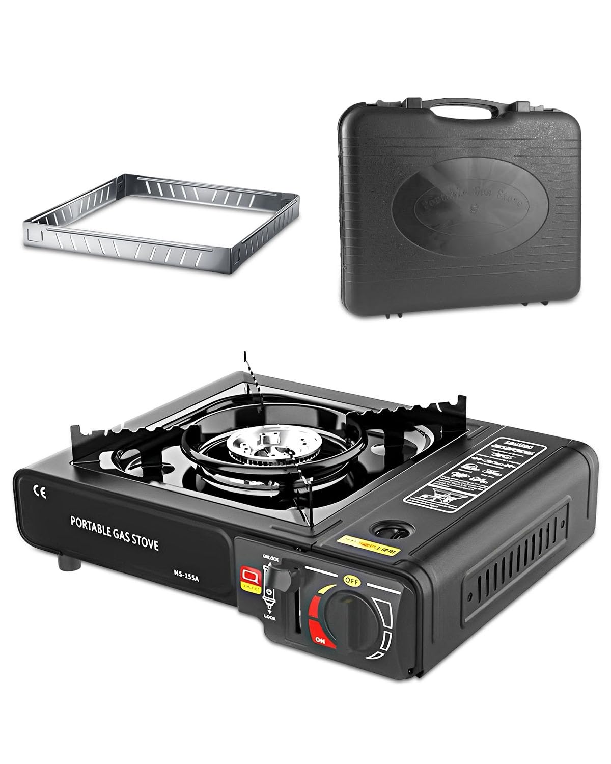 Réchaud à gaz de camping portable avec étui de transport, réchaud de camping coupe-vent avec allumage facile, réchaud à gaz d'extérieur compact pour pique-nique, camping et barbecue