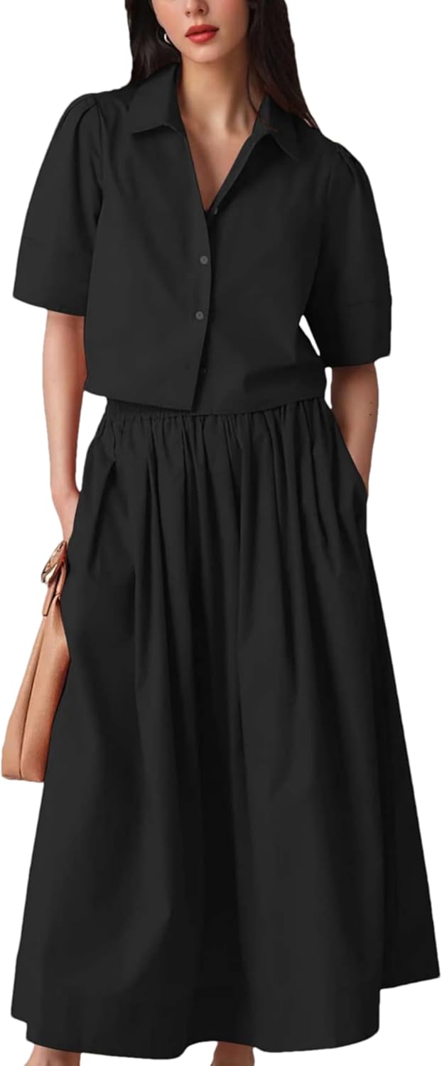 Womens Summer 2 Piece Outfits Skirt Sets Button Short Sleeve Tops Elastic Waist Maxi Dress Sets with Pockets