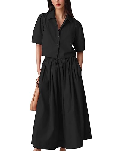 Womens Summer 2 Piece Outfits Skirt Sets Button Short Sleeve