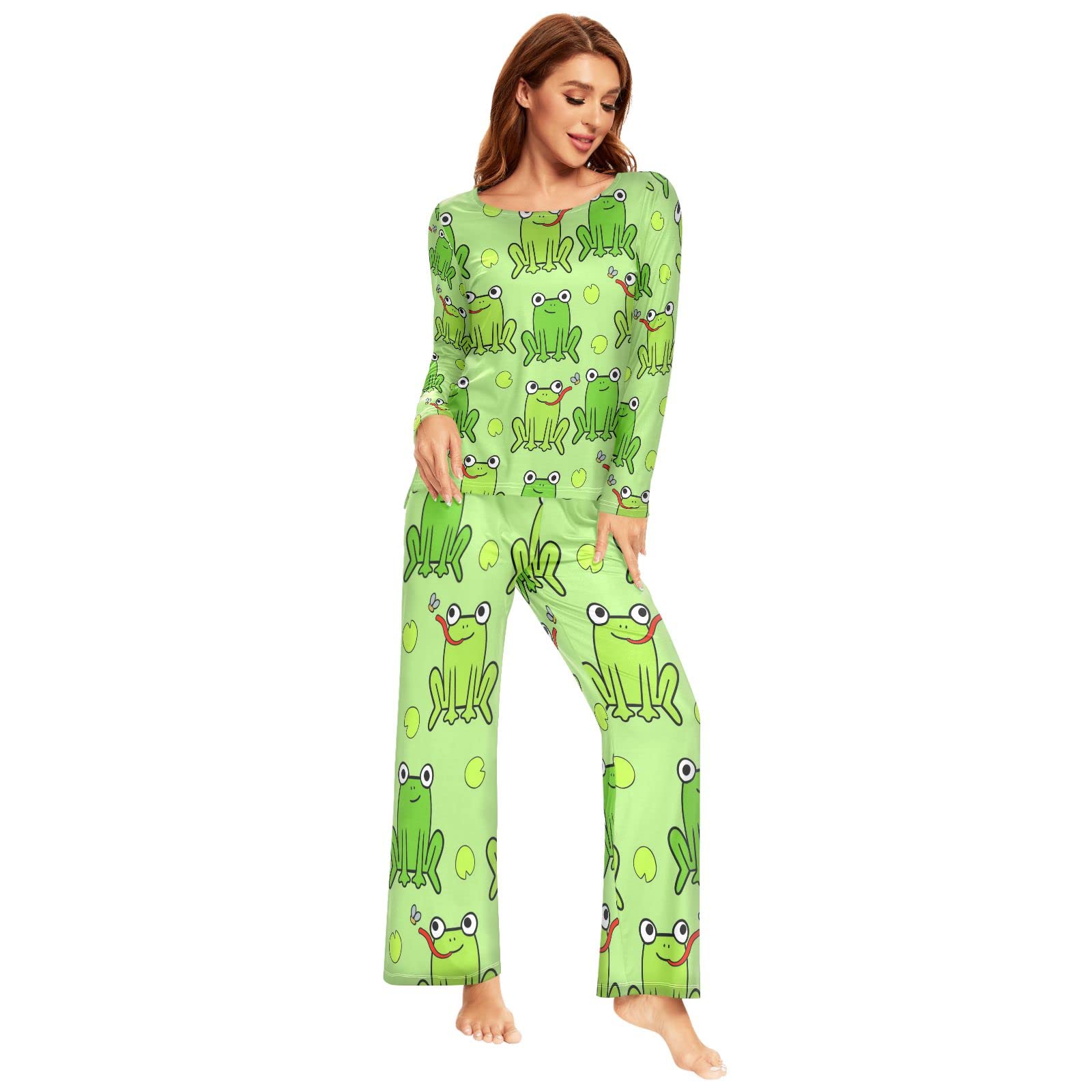 Schlafanzug Damen Lang Grüner Frosch-Muster Pyjama Damen Langarm Pyjamaset Nachtwäsche Zweiteiliger Hausanzug Sleepwear