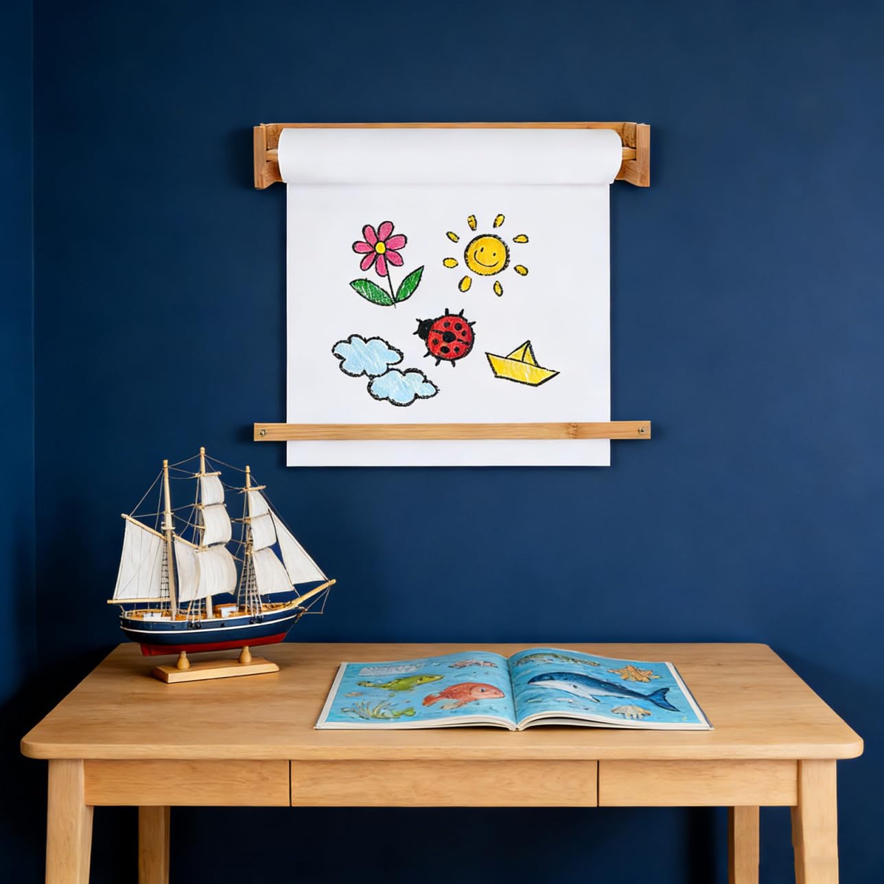 Dispensador de rollos de papel para niños: Soporte para rollos de papel artístico - Caballete de madera para niños - Organizador de manualidades para colgar en la pared para pintar en la