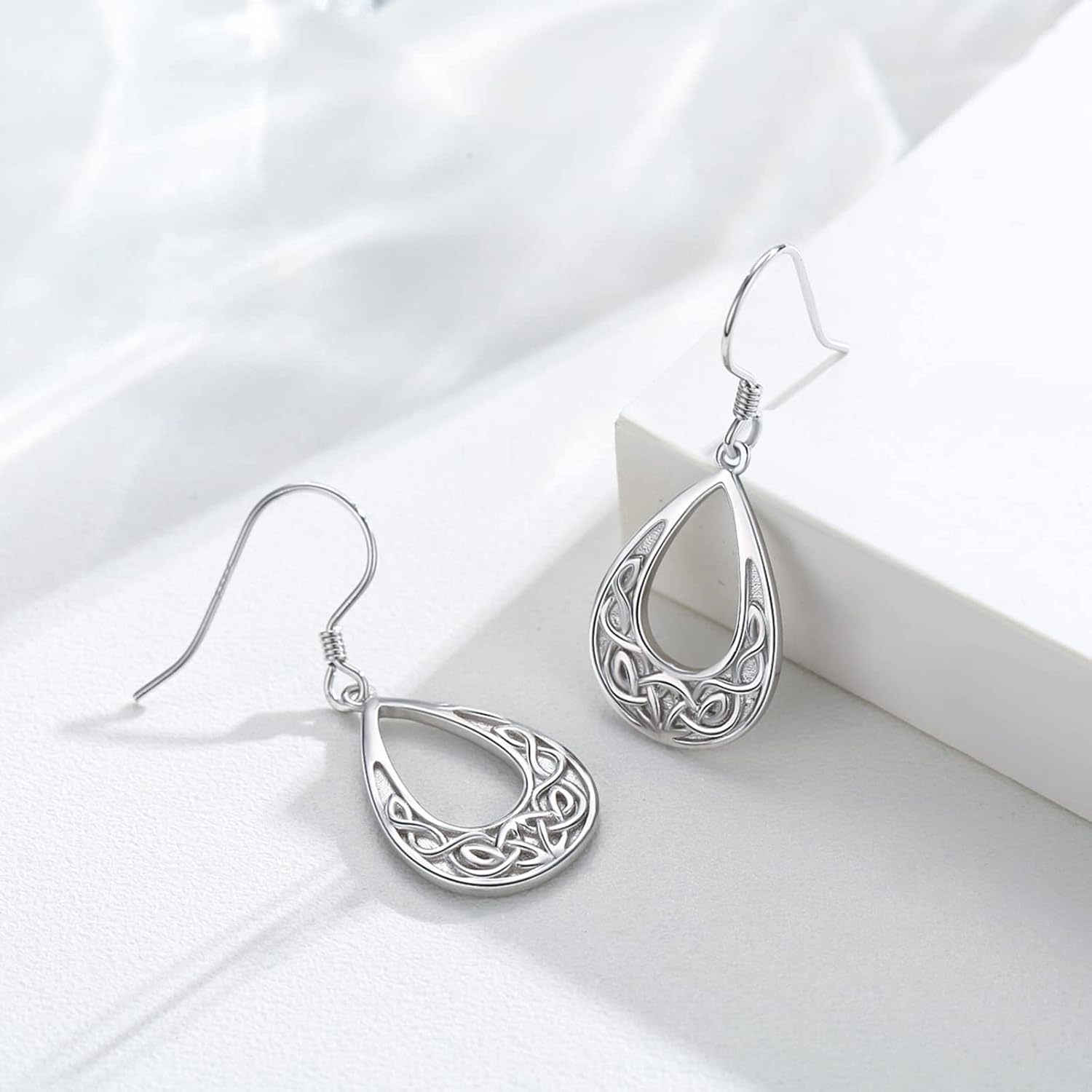 925 Sterling Silver Celtic Knot Earrings Triquetra Hypoallergenic Dangle Hook Earrings White Gold Plated Delicate Good Luck Irish Celtic Jewelry Christmas Gift for Women - Image 4