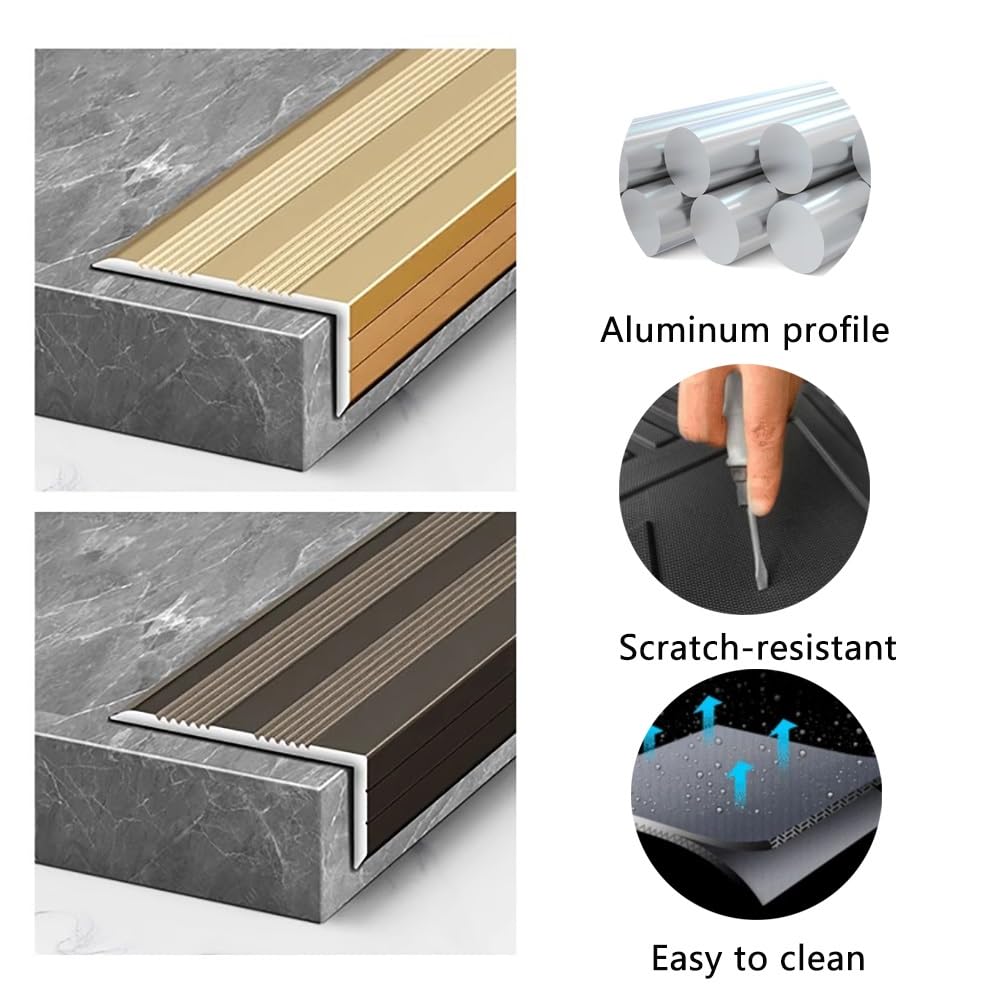 Metalowe wykończenie krawędzi schodów, rowkowane aluminiowe stopnie schodowe w kształcie litery L Noski do wnętrz i na zewnątrz(Gold,90cm/35in)