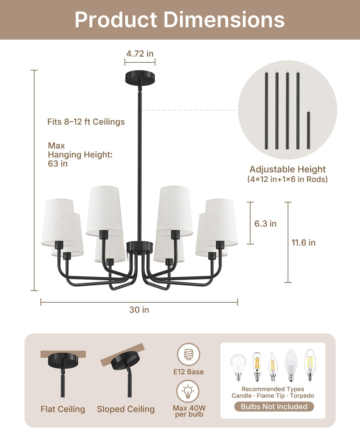 Yunnix 8 Light Black Chandelier for Dining Room, 30" Modern Light Fixture with Linen Shades, UL Listed Farmhouse Chandeliers for Kitchen Island Bedroom Living Room Foyer