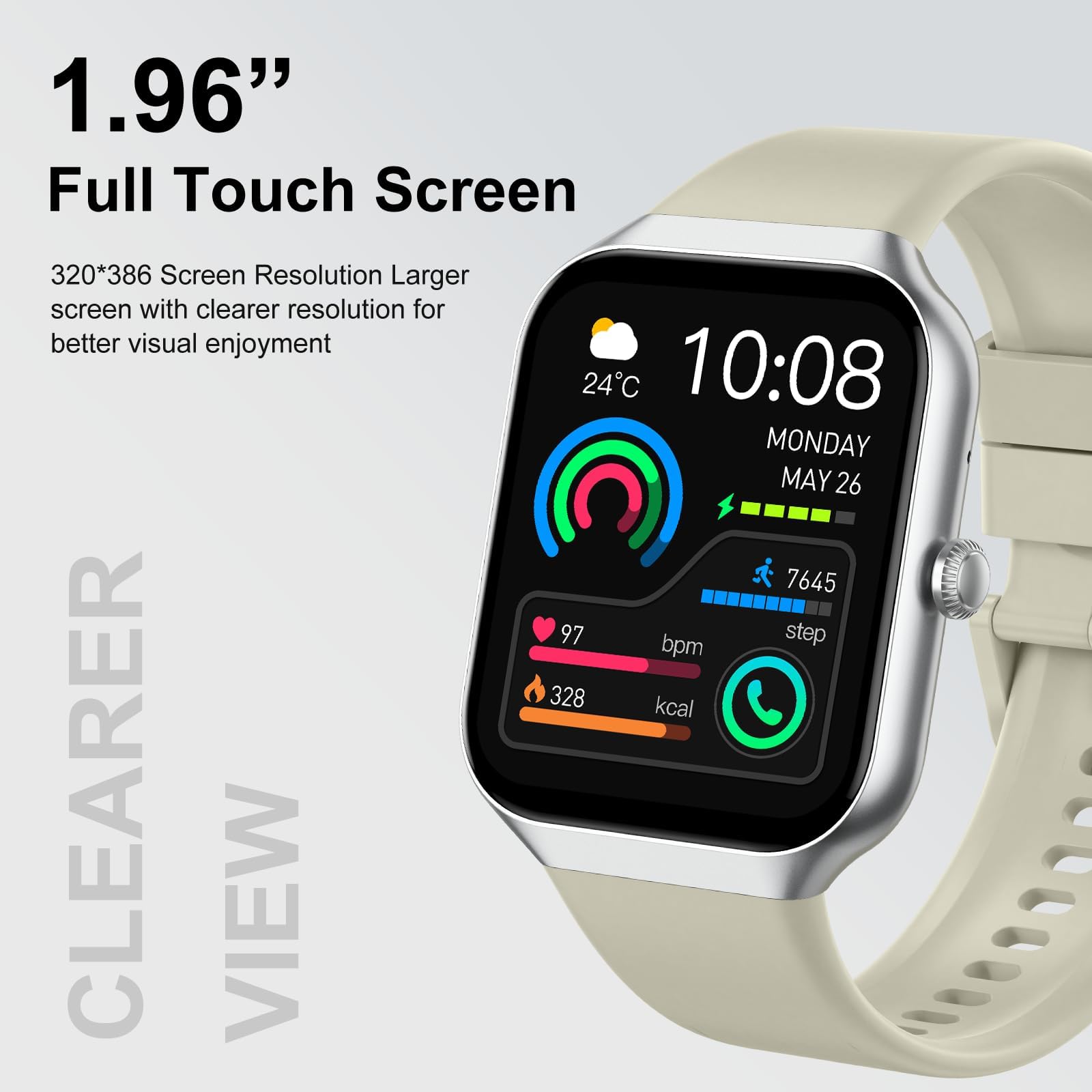 Smart Watch for Men Women (Answer/Make Call), 1.96" HD Smartwatch with Heart Rate/Sleep Monitor/Pedometer/Calories, 113+ Sports Fitness Watch, IP68 Waterproof Activity Tracker for Android iOS-Beige