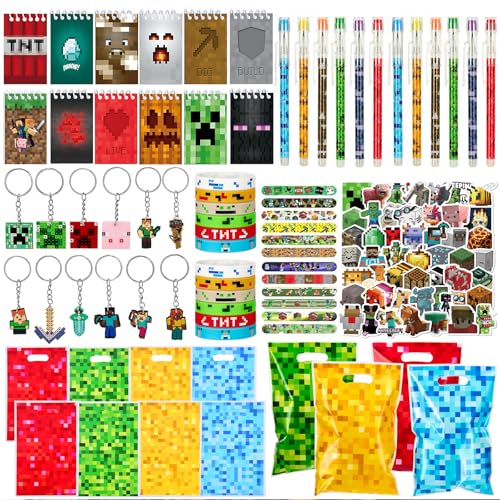 Defresit 172 piece party bag filler set Miner Gaming Party Bag Fillers Gamer Party Favours Gaming Keychain Party Bags Button Pins Stickers Miner Party Supplies Goodie Bag Fillers for Kids Boys
