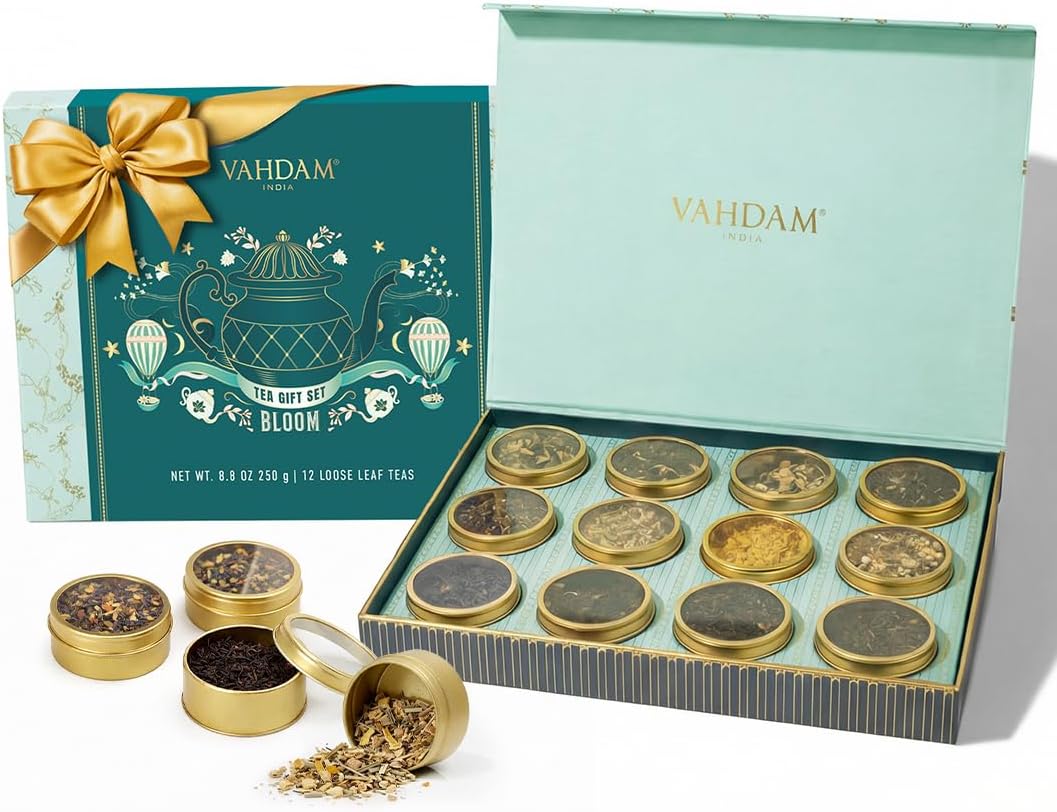 BLOOM - Assorted Mothers Day Gift Set for Mom from Son, Daughter (12 Loose Leaf Tea) Tin Caddy Presentation Box | Gluten Free, Non GMO | Mothers Day Gifts for Mom/Grandma