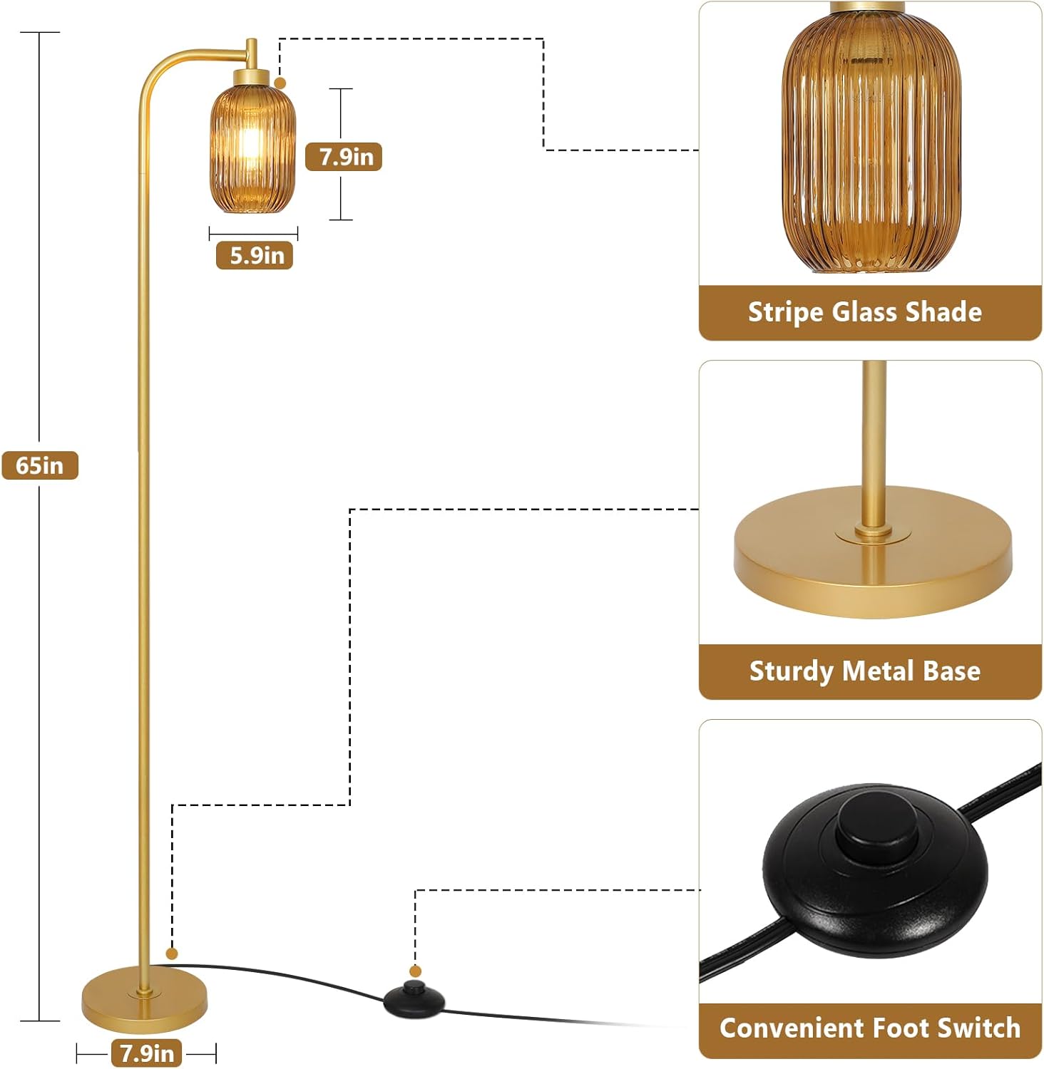 Glass Floor Lamps for Living Room, Vintage Gold Standing Lamp with LED Bulb, Amber Stripe Glass Shade, Foot Switch, Mid Century Modern Brass Tall Corner Lamp for Bedroom Office Reading Room