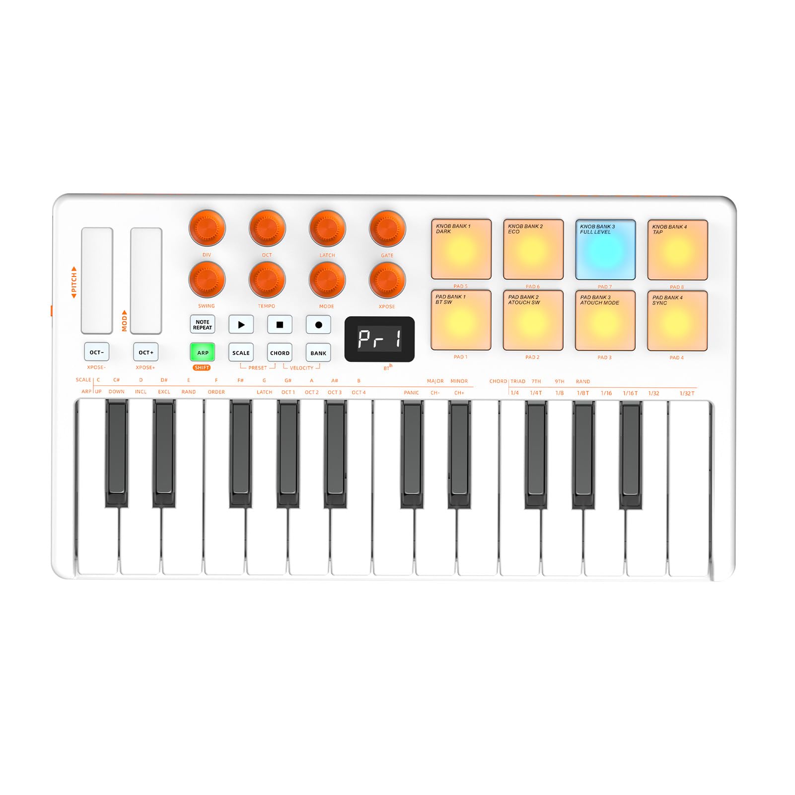 VGEBY Controller Tastiera MIDI, Pad di Produzione Musicale Portatile a 25 Tasti con Corpo in ABS, Tasti Sensibili Alla velocità, Arpeggiatore e Funzione Accordo per Principianti di Home Studio (WHITE)